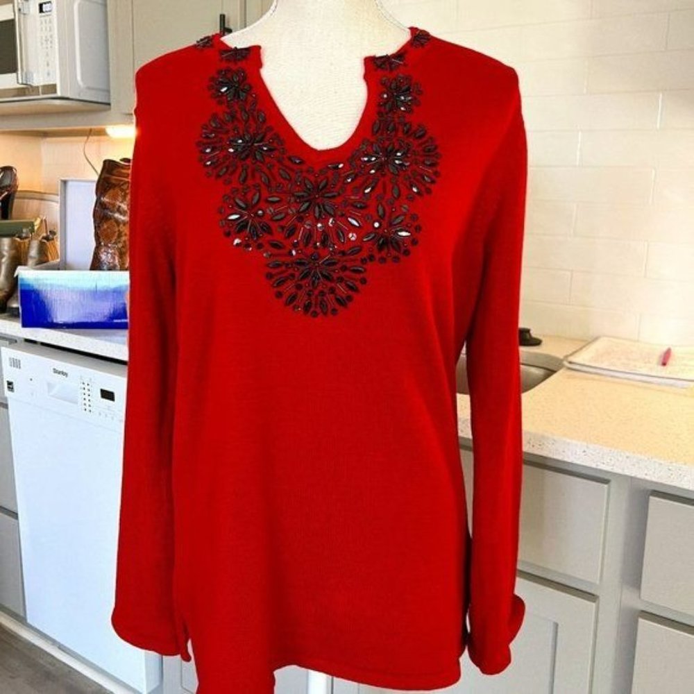 Lark Lane Red Long Sleeve Sweater Bodice Embellishments Size Large